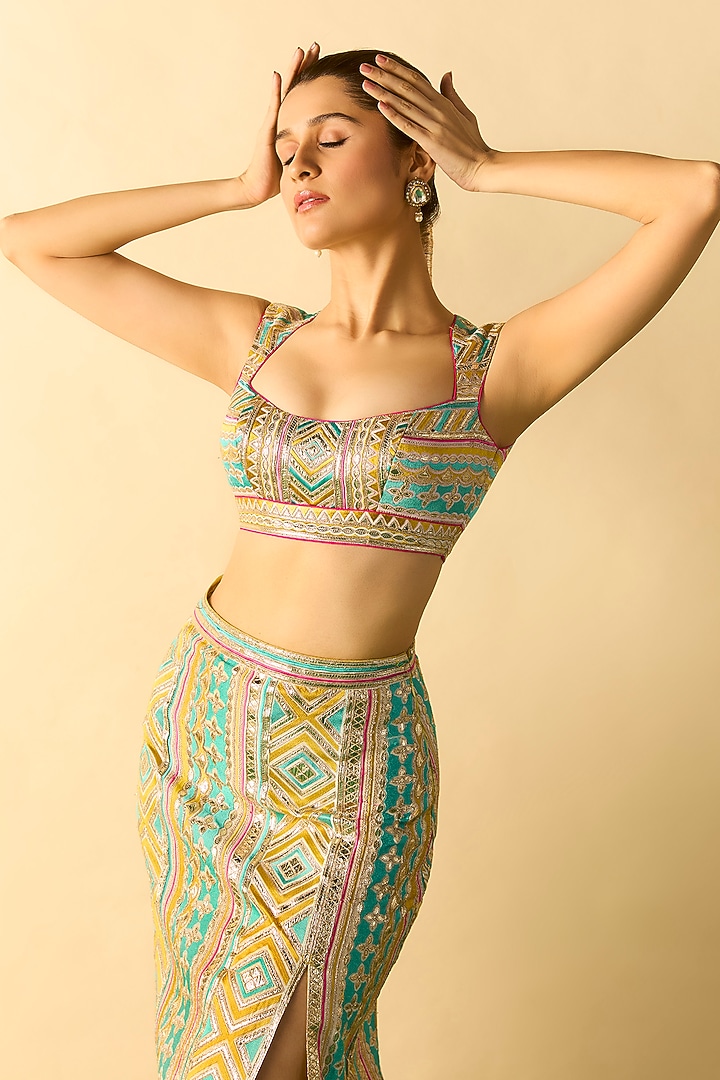 Aqua Cotton Silk Geometric Printed Slit Skirt Set by GOPI VAID at Pernia's Pop Up Shop