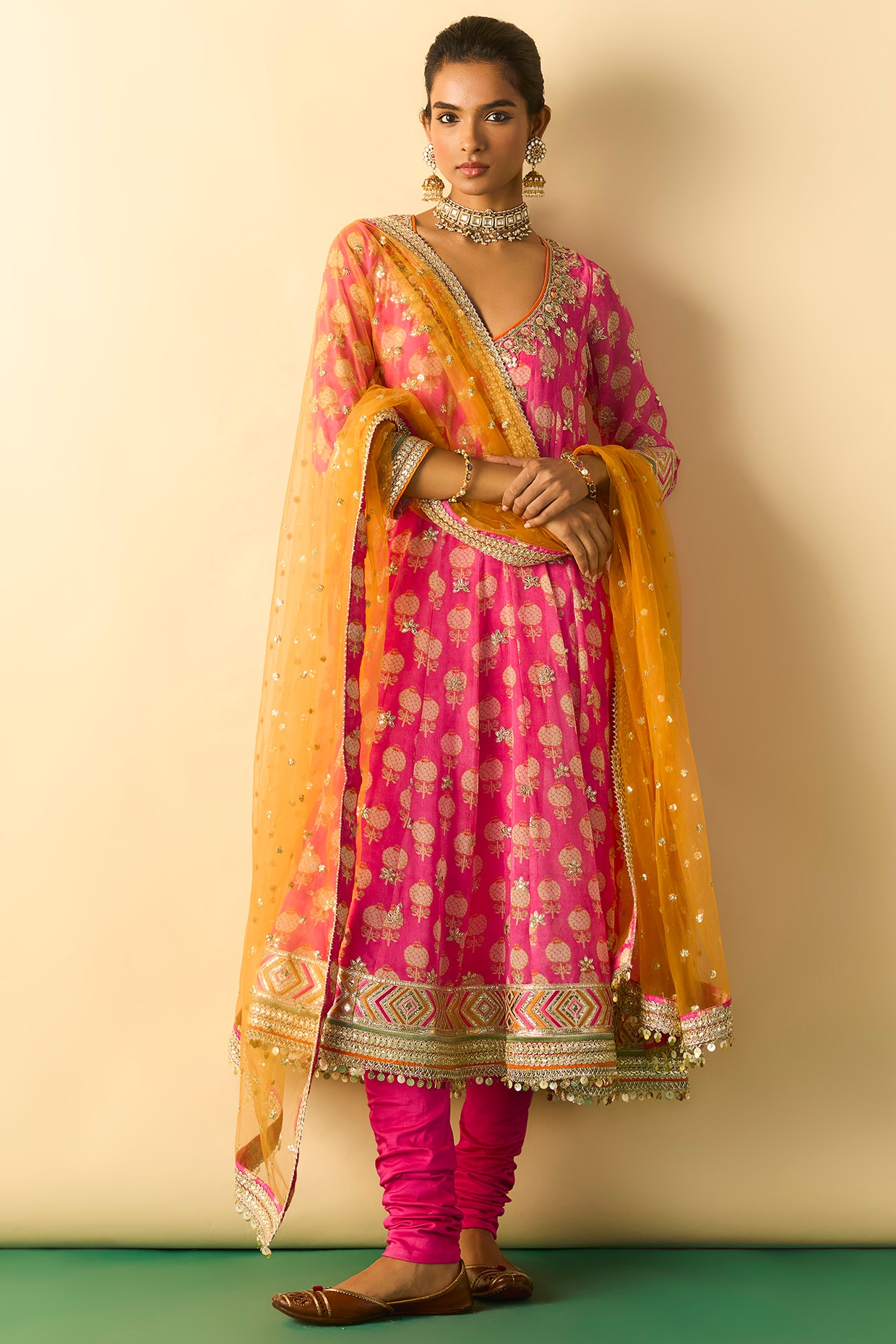 Gopi Vaid Pink Georgette Floral Block Printed Anarkali Set