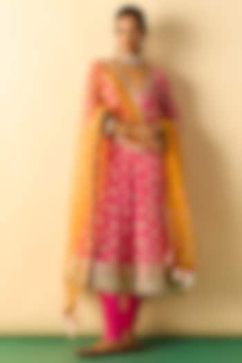 Pink Georgette Floral Block Printed Wedding Anarkali Set by Gopi Vaid at Pernia's Pop Up Shop