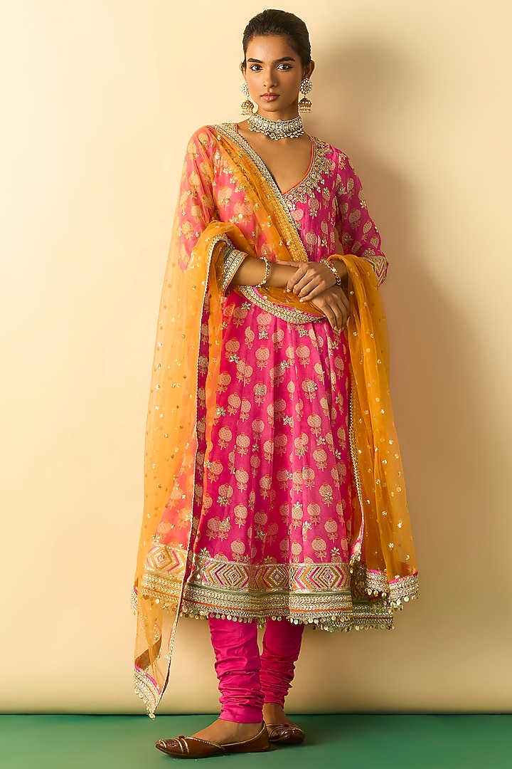 Pink Georgette Floral Block Printed Wedding Anarkali Set by Gopi Vaid at Pernia's Pop Up Shop