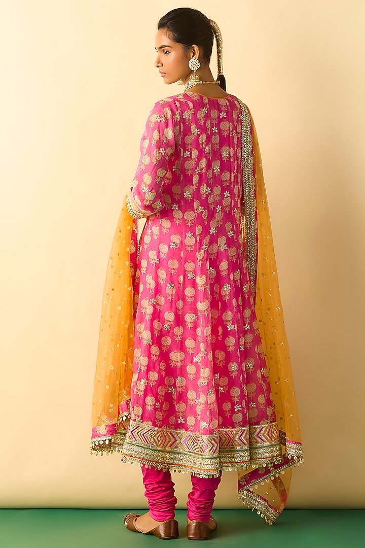 Pink Georgette Floral Block Printed Wedding Anarkali Set by Gopi Vaid at Pernia's Pop Up Shop