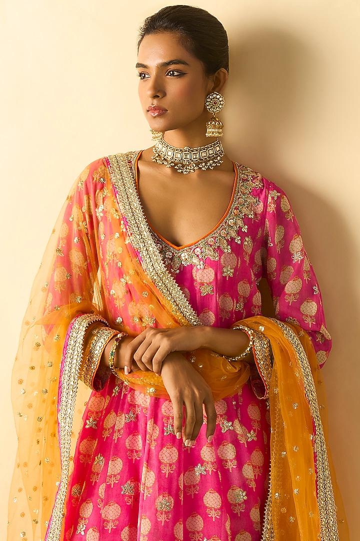 Pink Georgette Floral Block Printed Wedding Anarkali Set by Gopi Vaid at Pernia's Pop Up Shop