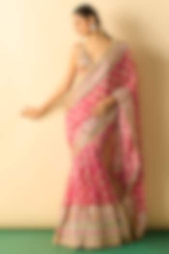 Pink Georgette Block Printed Skirt Wedding Saree Set by GOPI VAID at Pernia's Pop Up Shop
