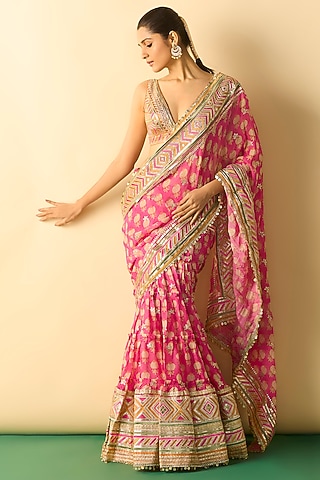 Pink Georgette Block Printed Skirt Saree Set by GOPI VAID