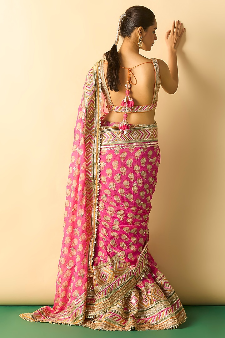 Pink Georgette Block Printed Skirt Wedding Saree Set by GOPI VAID at Pernia's Pop Up Shop