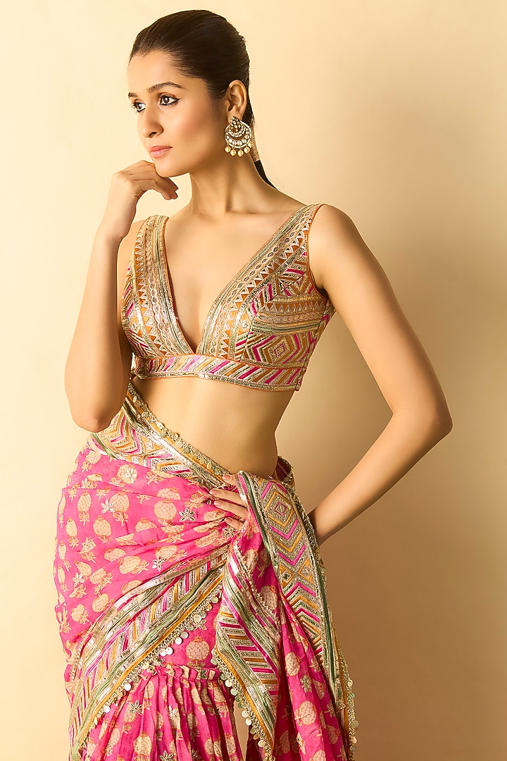 Pink Georgette Block Printed Skirt Wedding Saree Set by GOPI VAID at Pernia's Pop Up Shop