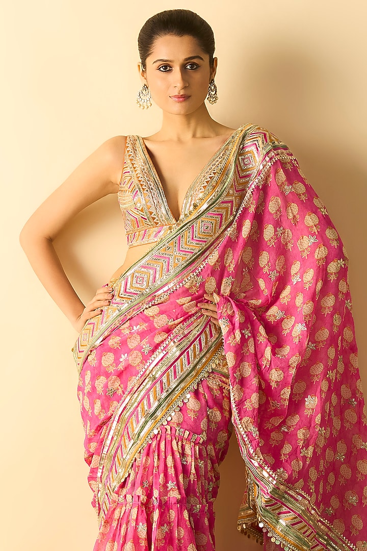 Pink Georgette Block Printed Skirt Wedding Saree Set by GOPI VAID at Pernia's Pop Up Shop