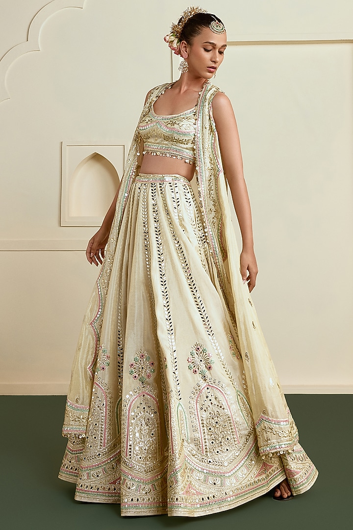 Golden Tussar Mirror Embroidered Wedding Lehenga Set by Gopi Vaid at Pernia's Pop Up Shop