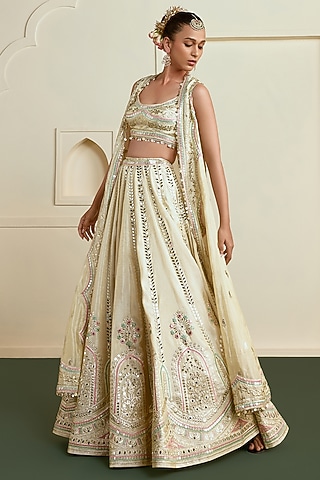 Golden Tussar Mirror Embroidered Lehenga Set by Gopi Vaid