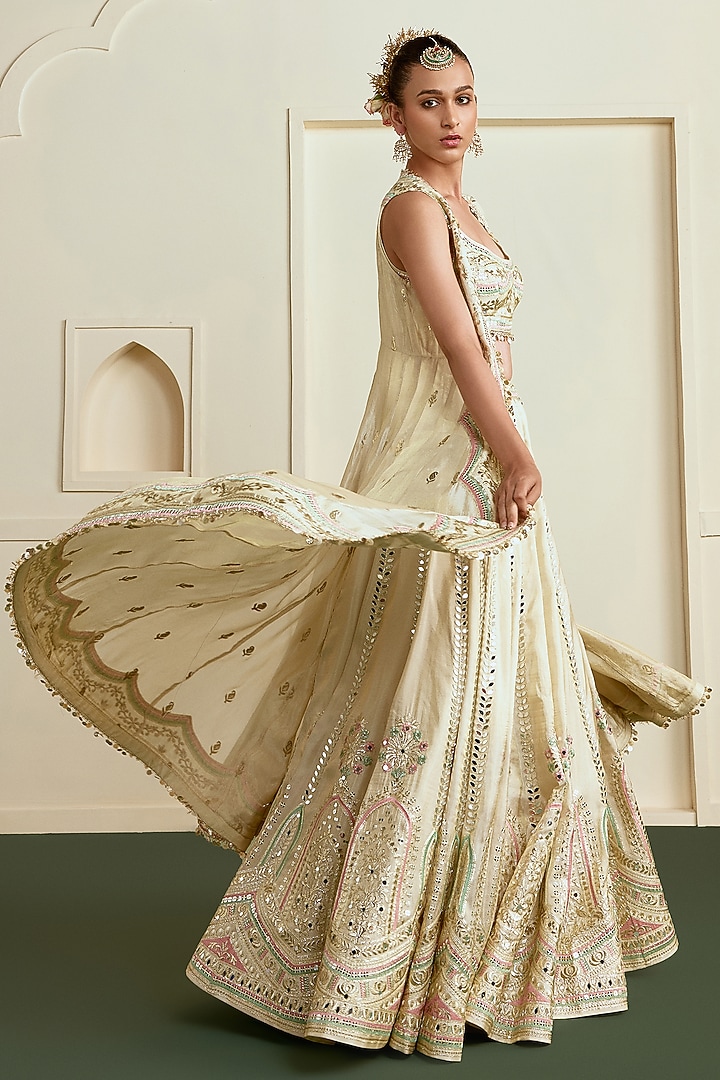 Golden Tussar Mirror Embroidered Wedding Lehenga Set by Gopi Vaid at Pernia's Pop Up Shop