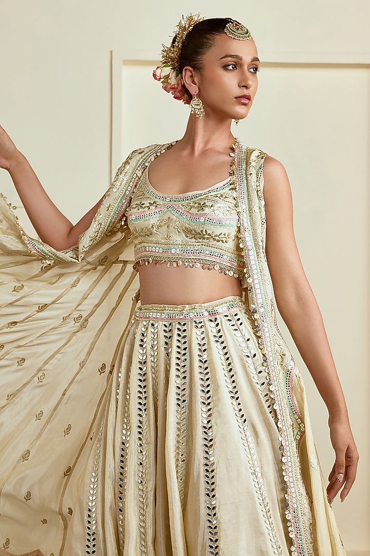 Golden Tussar Mirror Embroidered Wedding Lehenga Set by Gopi Vaid at Pernia's Pop Up Shop