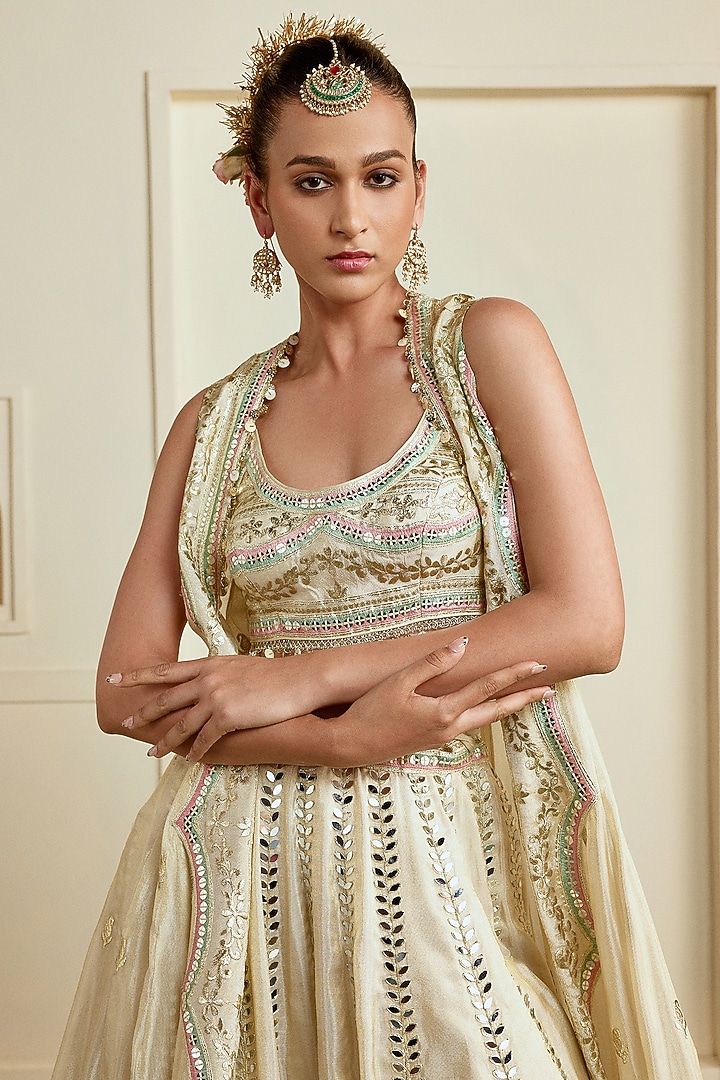 Golden Tussar Mirror Embroidered Wedding Lehenga Set by Gopi Vaid at Pernia's Pop Up Shop