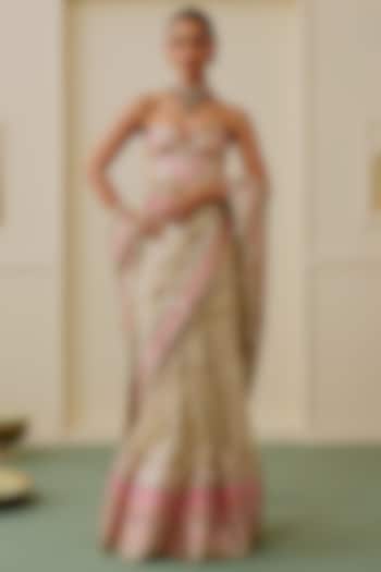 Ivory Georgette Geometric Embroidered Skirt Wedding Saree Set by Gopi Vaid at Pernia's Pop Up Shop