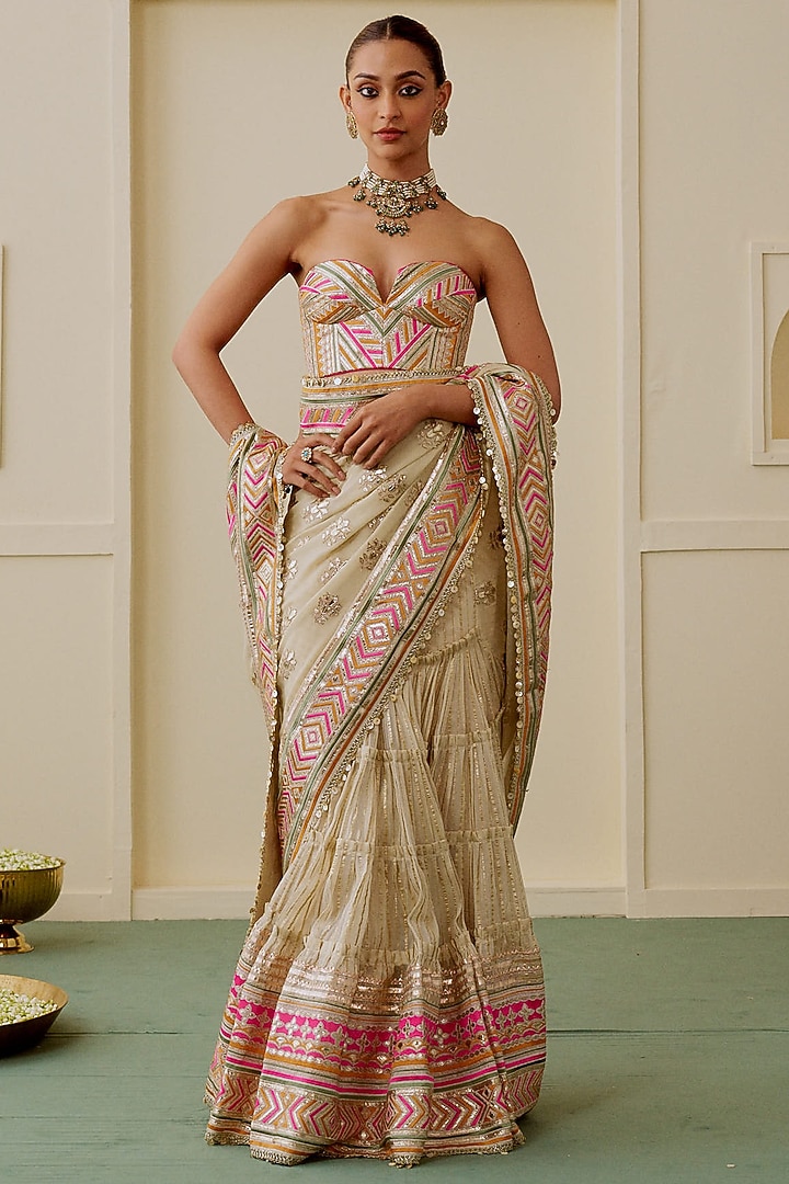 Ivory Georgette Geometric Embroidered Skirt Wedding Saree Set by Gopi Vaid at Pernia's Pop Up Shop
