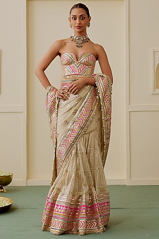 Ivory Georgette Geometric Embroidered Skirt Saree Set by Gopi Vaid