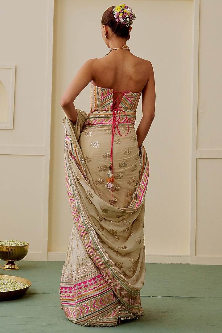 Ivory Georgette Geometric Embroidered Skirt Wedding Saree Set by Gopi Vaid at Pernia's Pop Up Shop