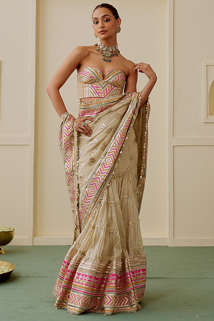 Ivory Georgette Geometric Embroidered Skirt Wedding Saree Set by Gopi Vaid at Pernia's Pop Up Shop