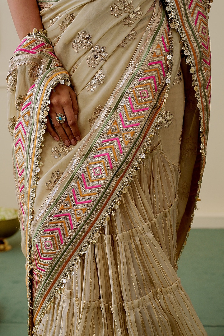 Ivory Georgette Geometric Embroidered Skirt Wedding Saree Set by Gopi Vaid at Pernia's Pop Up Shop