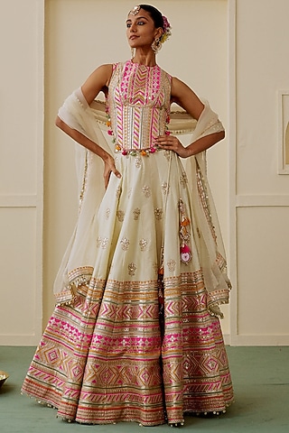 Ivory Tussar Mirror Embellished Lehenga Set by Gopi Vaid