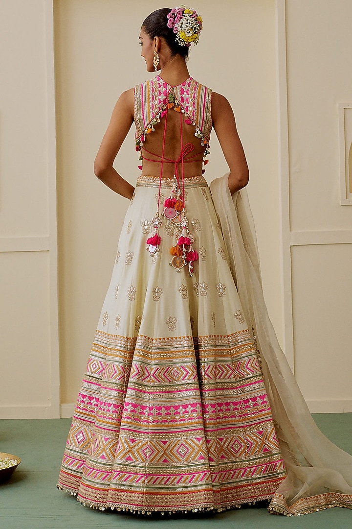 Ivory Tussar Mirror Embellished Wedding Lehenga Set by Gopi Vaid at Pernia's Pop Up Shop
