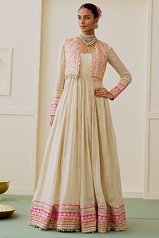 Ivory Organza Zari Embellished Anarkali Set by Gopi Vaid
