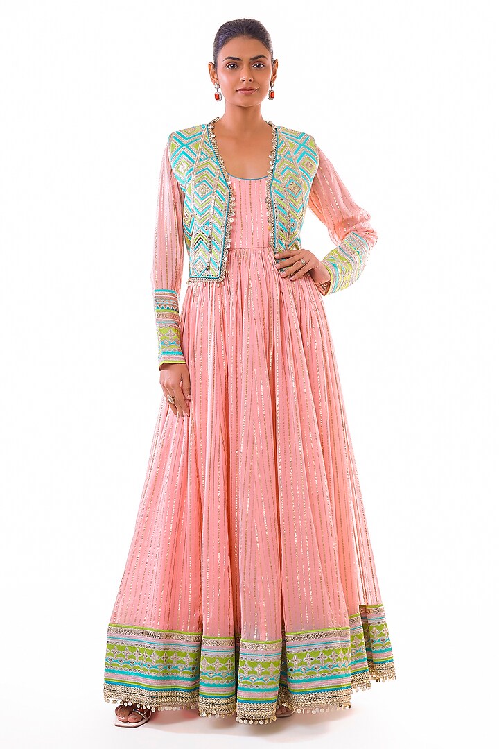 Pink Organza Zari Embroidered Jacket Wedding Anarkali Set by GOPI VAID at Pernia's Pop Up Shop