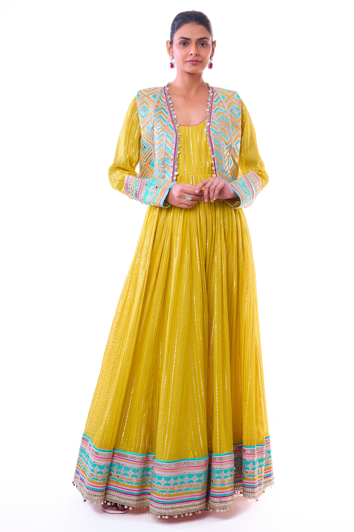 GOPI VAID Yellow Organza Zari Embroidered Jacket Anarkali Set