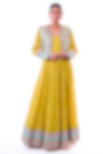 Yellow Organza Zari Embroidered Jacket Wedding Anarkali Set by GOPI VAID at Pernia's Pop Up Shop