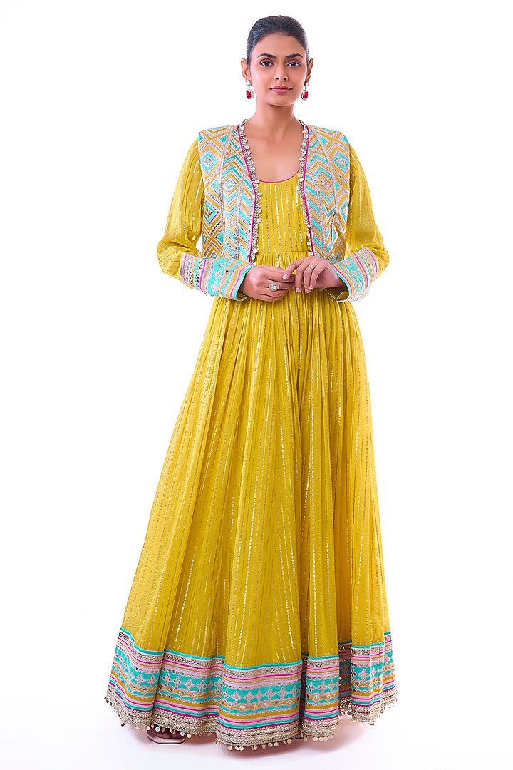 Yellow Organza Zari Embroidered Jacket Wedding Anarkali Set by GOPI VAID at Pernia's Pop Up Shop
