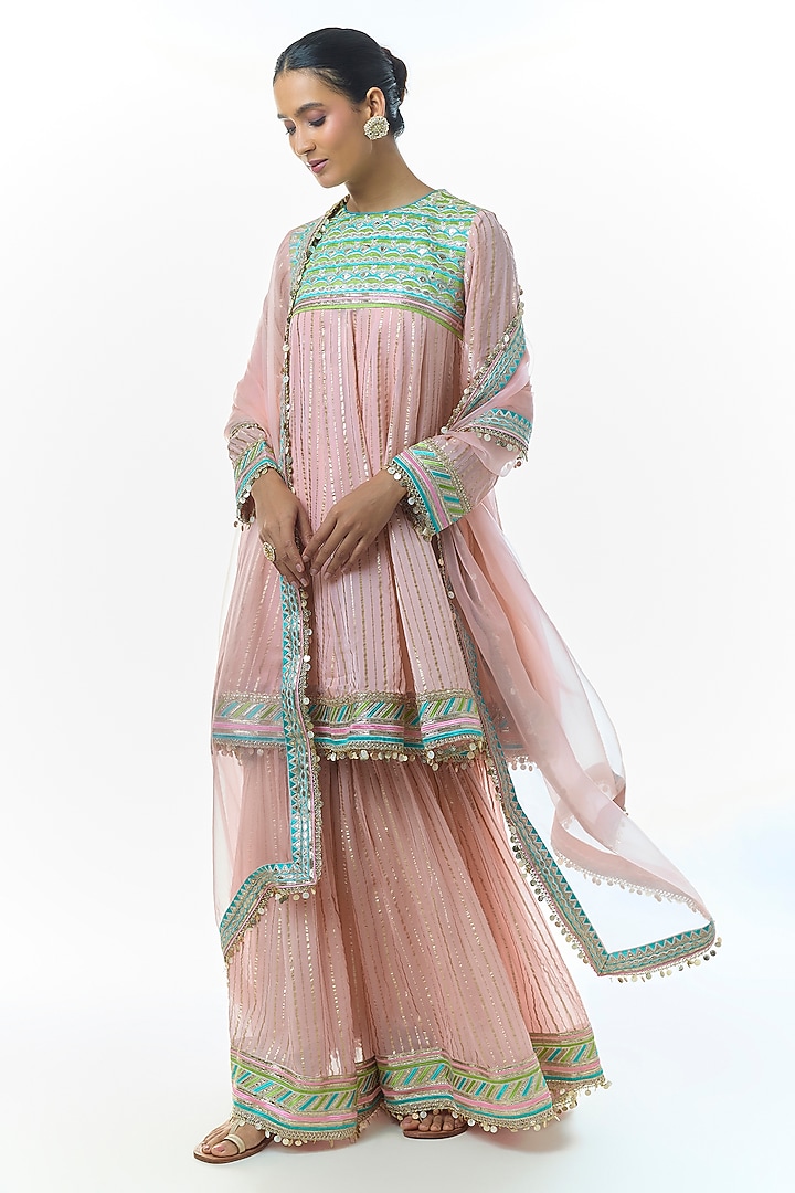 Pink Organza Flared Wedding Sharara Set by Gopi Vaid at Pernia's Pop Up Shop