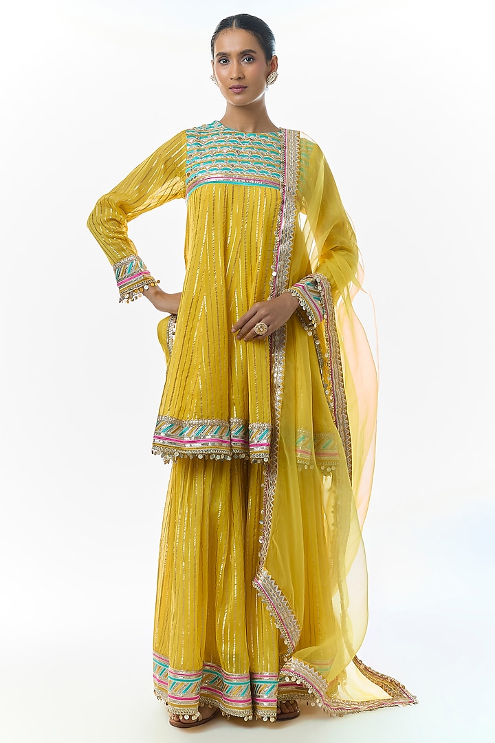Yellow Organza Flared Wedding Sharara Set by Gopi Vaid at Pernia's Pop Up Shop