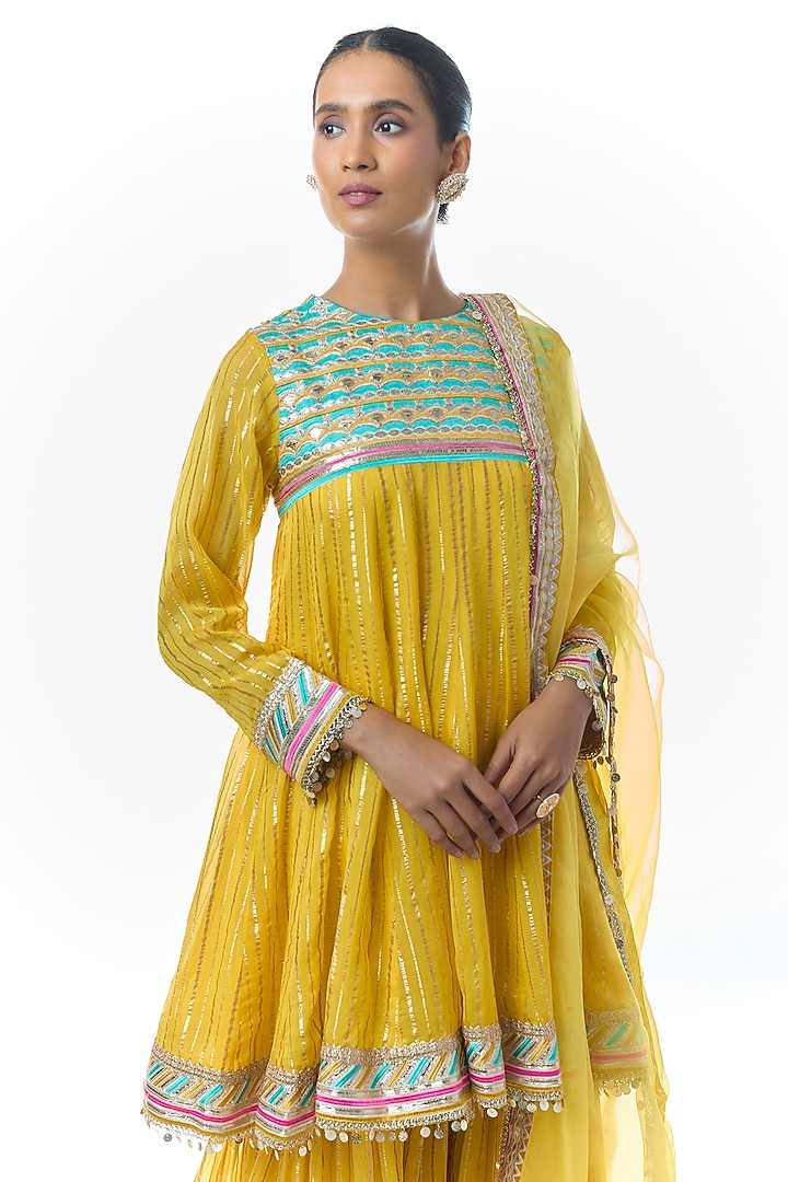 Yellow Organza Flared Wedding Sharara Set by Gopi Vaid at Pernia's Pop Up Shop