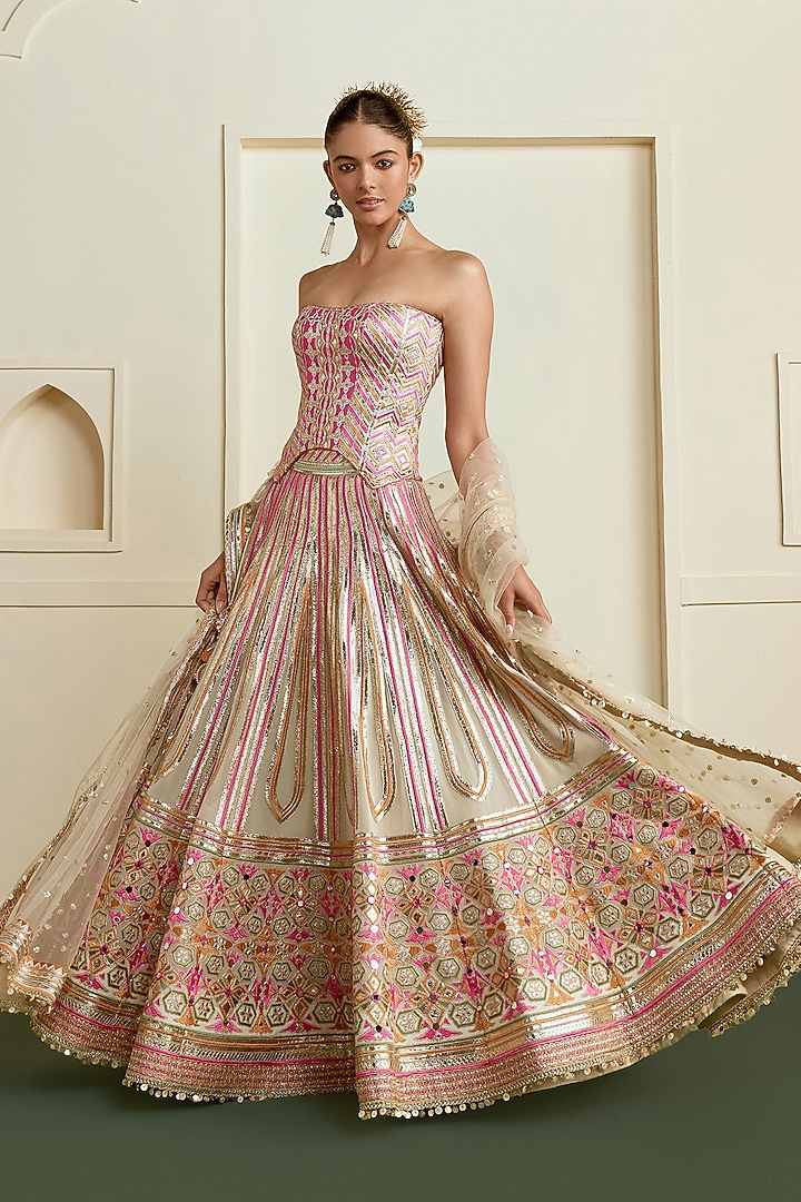 Ivory Georgette Embellished Wedding Lehenga Set by Gopi Vaid at Pernia's Pop Up Shop