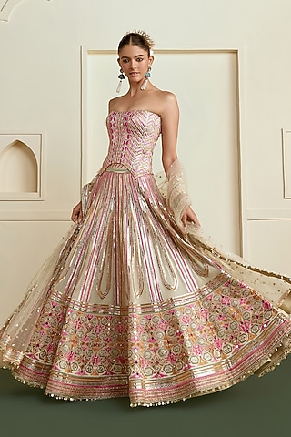 Ivory Georgette Embellished Lehenga Set by Gopi Vaid