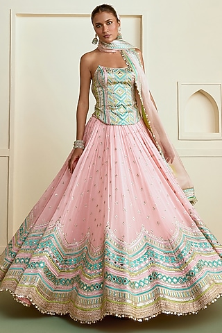 Soft Pink Georgette Embroidered Lehenga Set by Gopi Vaid