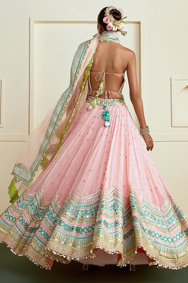 Soft Pink Georgette Embroidered Wedding Lehenga Set by Gopi Vaid at Pernia's Pop Up Shop