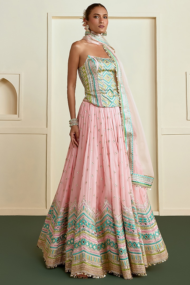 Soft Pink Georgette Embroidered Wedding Lehenga Set by Gopi Vaid at Pernia's Pop Up Shop
