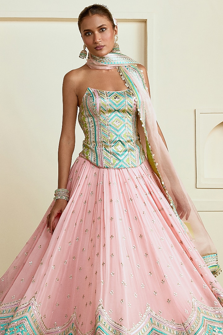 Soft Pink Georgette Embroidered Wedding Lehenga Set by Gopi Vaid at Pernia's Pop Up Shop