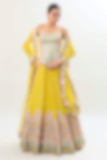 Yellow Georgette Diamond Embroidered Gathered Bridal Wedding Lehenga Set by Gopi Vaid at Pernia's Pop Up Shop