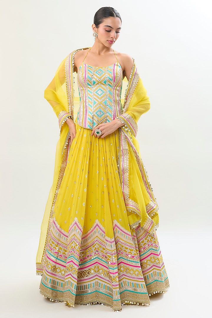 Yellow Georgette Diamond Embroidered Gathered Bridal Wedding Lehenga Set by Gopi Vaid at Pernia's Pop Up Shop