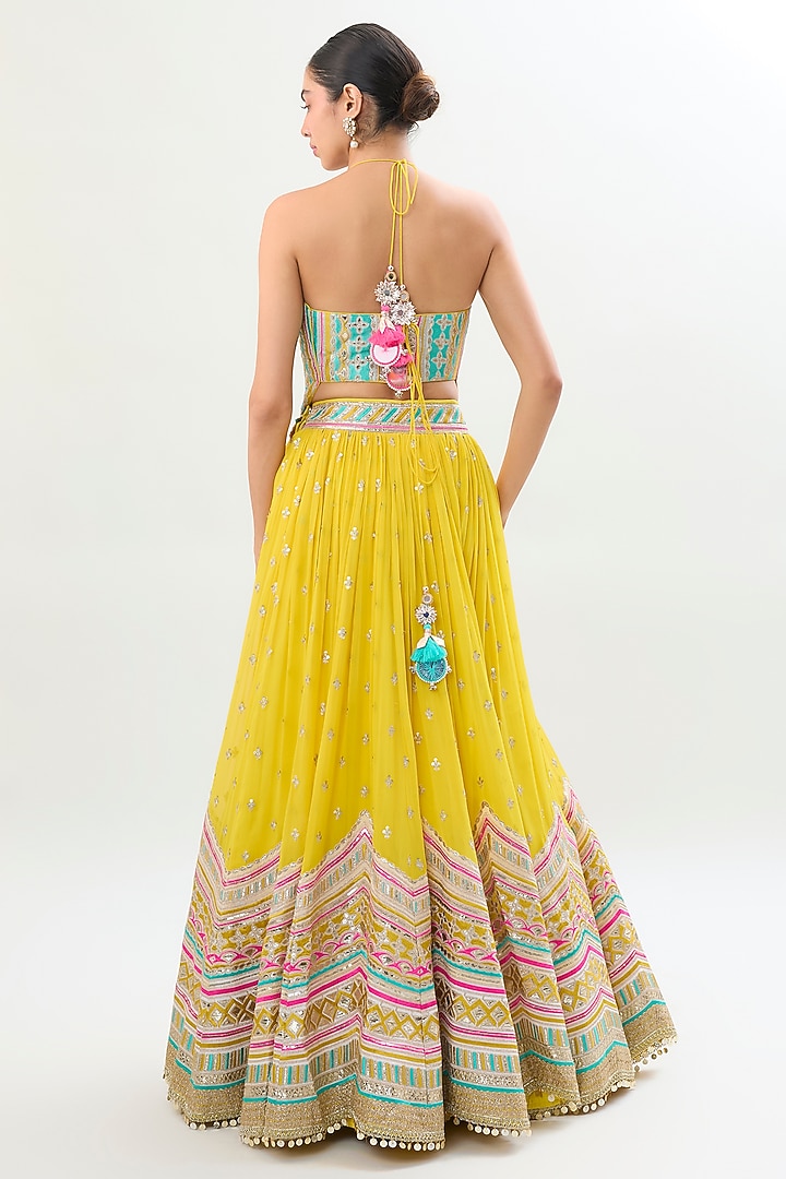 Yellow Georgette Diamond Embroidered Gathered Bridal Wedding Lehenga Set by Gopi Vaid at Pernia's Pop Up Shop