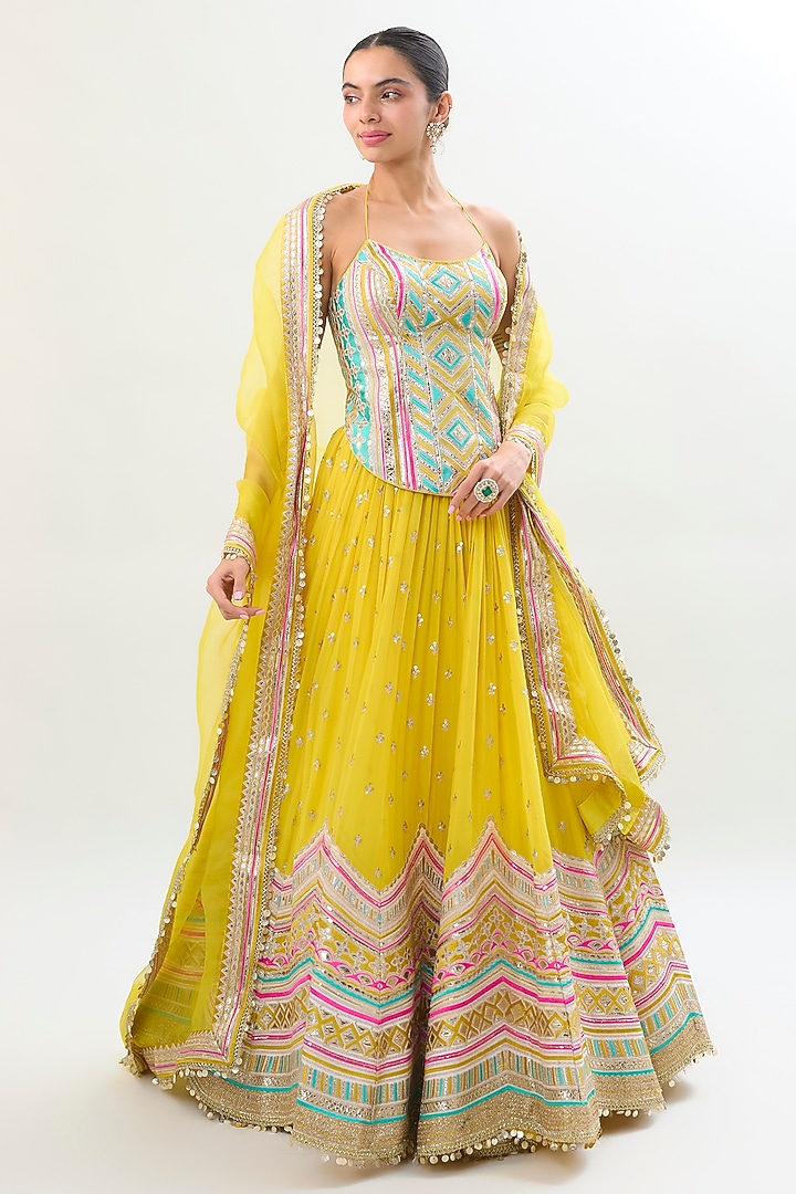 Yellow Georgette Diamond Embroidered Gathered Bridal Wedding Lehenga Set by Gopi Vaid at Pernia's Pop Up Shop