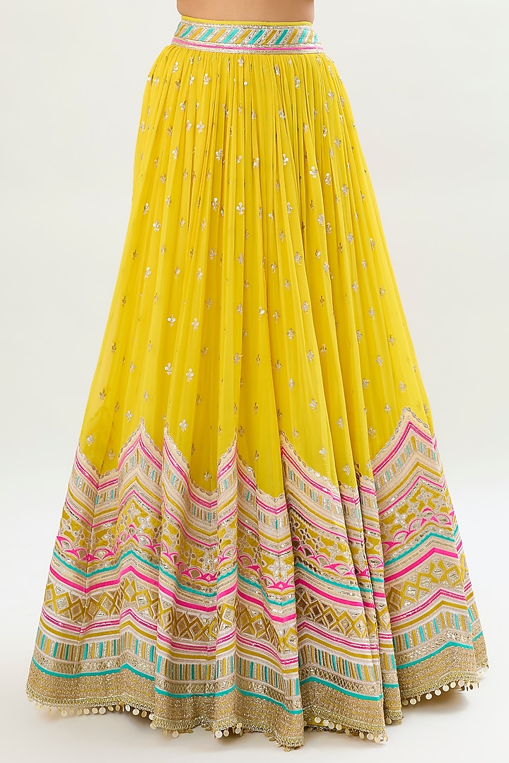 Yellow Georgette Diamond Embroidered Gathered Bridal Wedding Lehenga Set by Gopi Vaid at Pernia's Pop Up Shop