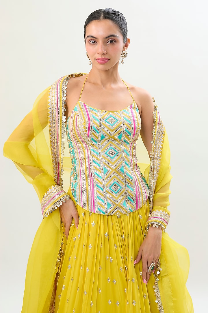 Yellow Georgette Diamond Embroidered Gathered Bridal Wedding Lehenga Set by Gopi Vaid at Pernia's Pop Up Shop
