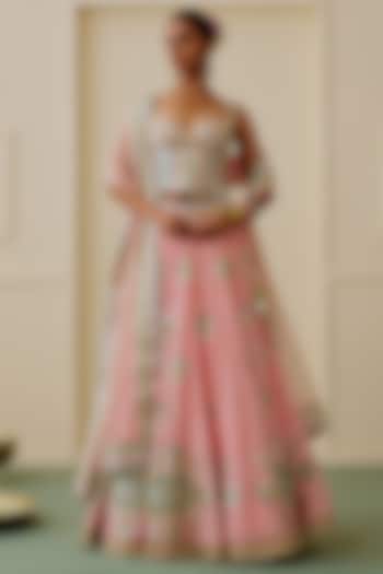 Soft Pink Tussar Mirror Embellished Wedding Lehenga Set by Gopi Vaid at Pernia's Pop Up Shop