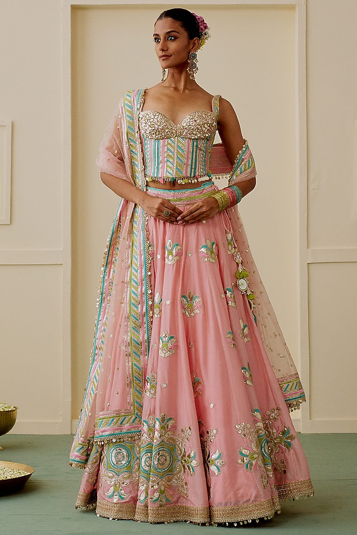 Soft Pink Tussar Mirror Embellished Wedding Lehenga Set by Gopi Vaid at Pernia's Pop Up Shop