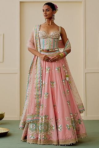 Soft Pink Tussar Mirror Embellished Lehenga Set by Gopi Vaid