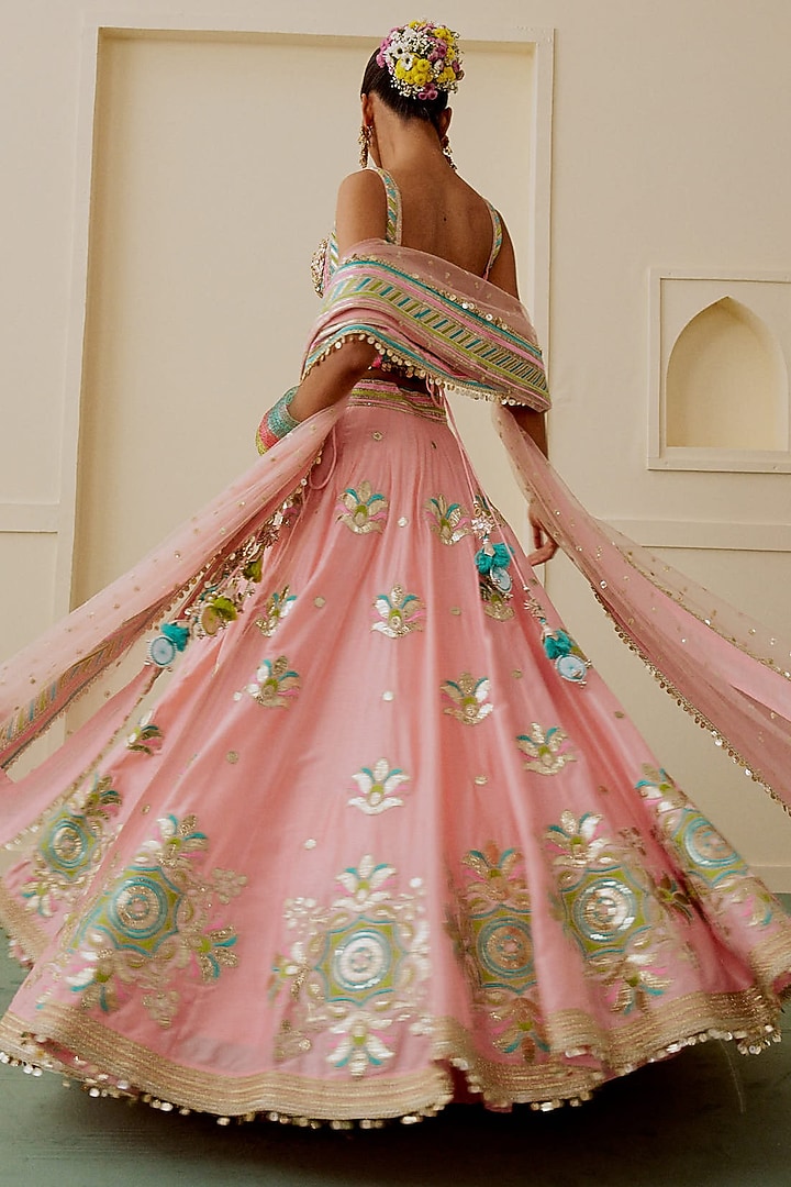 Soft Pink Tussar Mirror Embellished Wedding Lehenga Set by Gopi Vaid at Pernia's Pop Up Shop