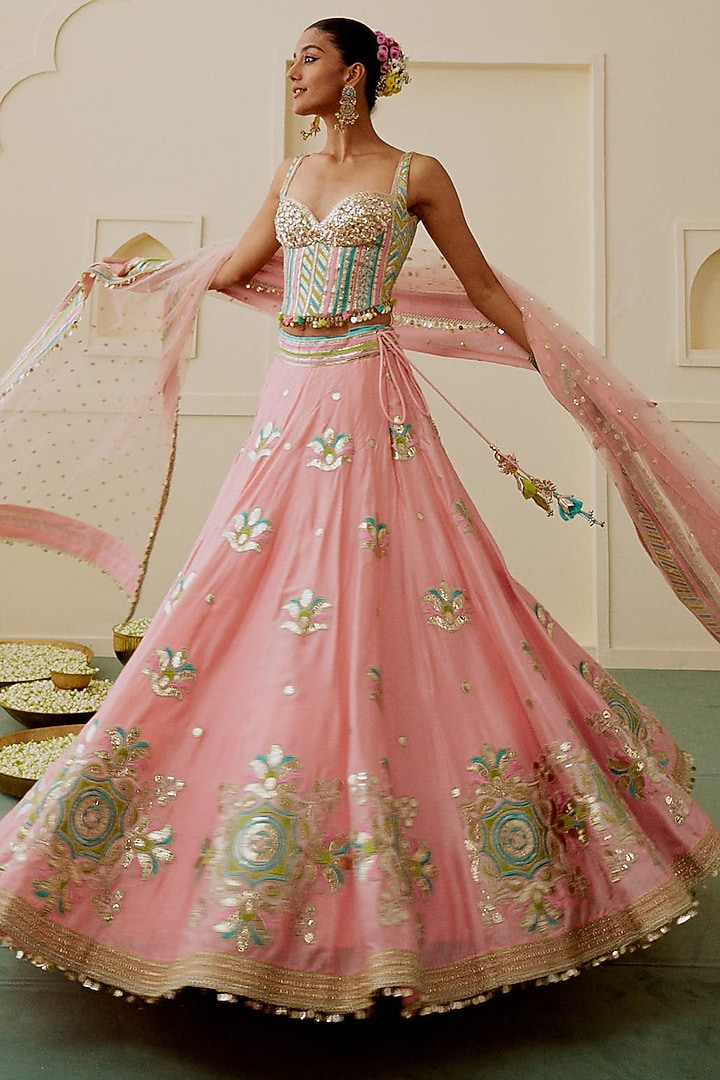 Soft Pink Tussar Mirror Embellished Wedding Lehenga Set by Gopi Vaid at Pernia's Pop Up Shop