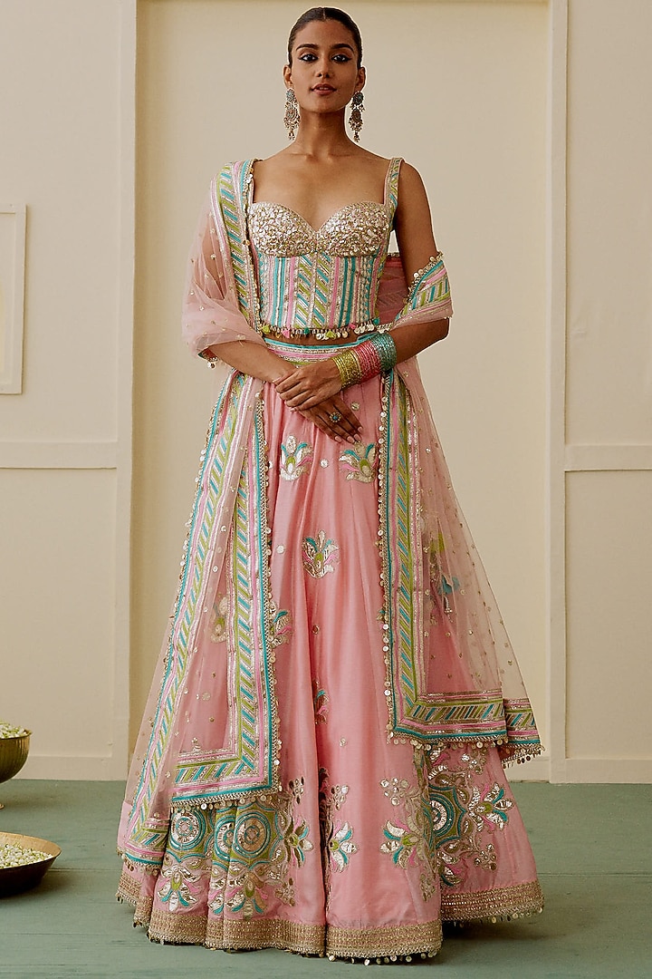 Soft Pink Tussar Mirror Embellished Wedding Lehenga Set by Gopi Vaid at Pernia's Pop Up Shop